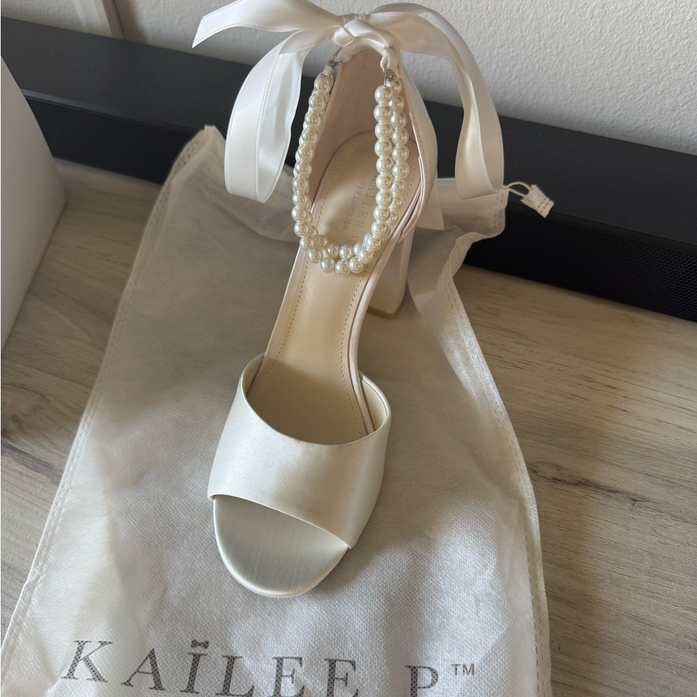 Kailee P Women's Ivory Satin Heels with Pearl Ankle Strap
